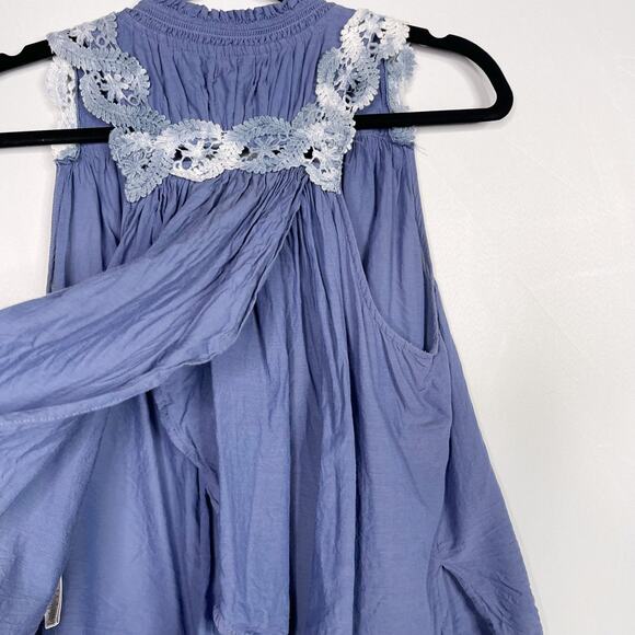 Free People Crochet Tank Top Flutter Open Back Button Front Blue Small S Cotton - Picture 9 of 12